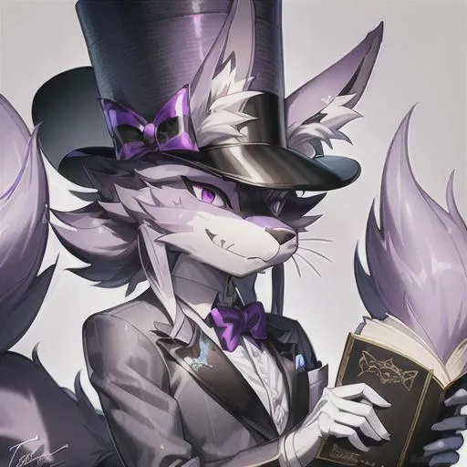 Prompt: A detailed image of a Grey Furry called a "Wickerbeast" with purple eyes wearing a tophat. with a signature of Mr.Hats