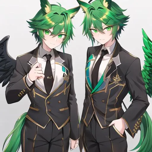 Prompt: Male. Small and masculine build. human animatronic hybrid, with focused emerald eyes. They identify as a Male. Emerald colored feathery pegasus wings and tail. Short dark Green ombre hair. horse ears adult