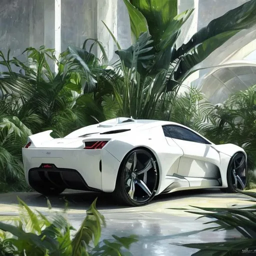 Prompt: White futuristic car  with lot of plants hiper-realistic oil paint         