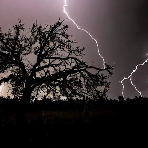 Prompt: black night time with a standing dead tree in the midle that get hit by lightning