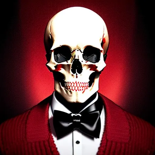 Prompt:  UHD, 8k, high quality, hyper realism, Very detailed, portrait of a skull wearing red sweater with black bow tie, full body