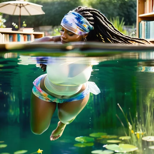 Prompt: a black woman, beautiful face, long dreadlocks, swimming, outside, small pond surrounded by bookshelves, see-through translucent clothes, no top, no bottom, sunlight, watercolour