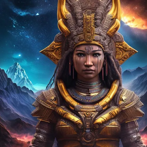 Prompt: (extremely detailed) (hyper realistic) (sharp detailed) (cinematic shot) (masterpiece)female inca god from above, centered,selfie pose, fullbody view, moonlight,  extraordinary shot, night sky, mountains, river, stars, nebula ,clouds, stunning beauty, 3D illustration, high resolution, reflactions.