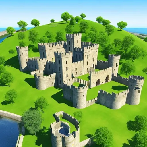 Prompt: norman castle, on a hill, medieval, turrets, moat, green landscape, lush, realistic