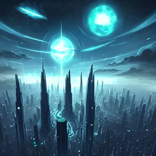 Prompt: Futuristic Tall black towers on deep dark ocean dark sky spaceships night lights hover ships dark tall city lots and lots of small floating ships hovering above clouds big planet with rings closeby spaceships hovering super tall mega skyscraper