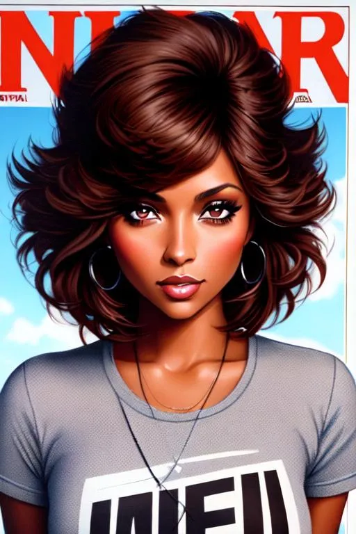 Prompt: 1983 magazine cover - full body
Kat Graham, 26 years old, brown hair, happy, parted bangs, brown eyes, ethereal, 1980s punk clothing, wild hair, royal vibe, highly detailed, digital painting, Trending on artstation , HD quality, tan skin, Big Eyes,artgerm, by Ilya Kuvshinov