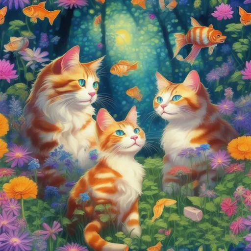 Prompt: gorgeous cats laying in a field of catnip, highly detailed, enchanted glowing forest, afternoon sunrays, glowing hairs, fish floating everywhere, dancing glowing colorful flowers