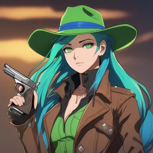 Prompt: She has a long, distinctive neon-green that fades to neon-blue hair in a ponytail, green and blue heterochromia eyes left eye green, right eye blue, wearing a long brown coat, grey vest, denim pants, black cowboy boots, holding a pistol, wearing a brown sheriff's cowboy hat, 8k, UHD, heavily detailed, anime style
