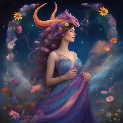 Prompt: A colourful and beautiful Persephone, she is a dragon woman, with scales for skin, horns, with a dragon tail. In a beautiful flowing dress made of wildflowers. Framed by a nighttime sky of clouds, stars and constellations. In a photorealistic painted Disney style.