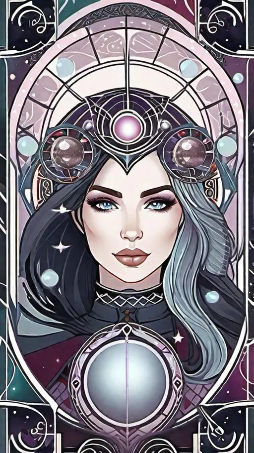 Prompt: wiccan tarot card style + intricate border + young soft featured goddess portrait + pentagrams + detailed sci-fi astrology illustration, planets, stars + intricate Celtic illustration 