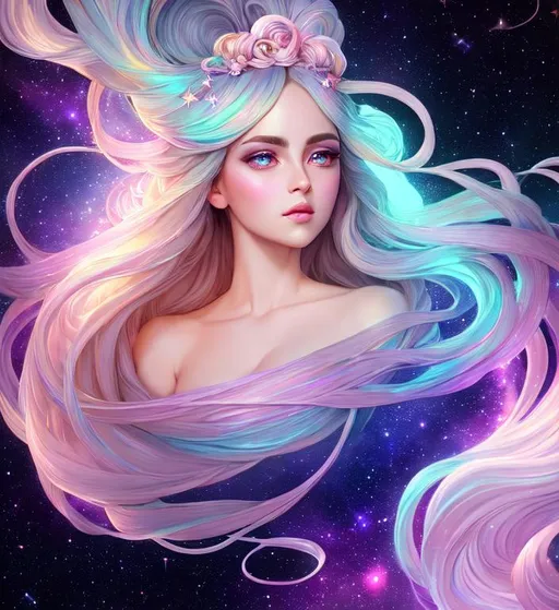 Prompt: highest quality portrait full body of galactic woman, digital painting, shibari, ribbons, style of Fragonard, highly-detailed symmetric face, cinematic, washed out palette,  super soft, soft pastel color palette, pearlescent, sparkling, stars, galaxy, white, big eyes, iridescent, big lips, long hair,, legs visible, vines, arms visible, perfect composition, hyperrealistic, super detailed, 8k, high quality, sharp focus,intricate details, highly detailed, dynamic lighting, detailed and intricate environment
