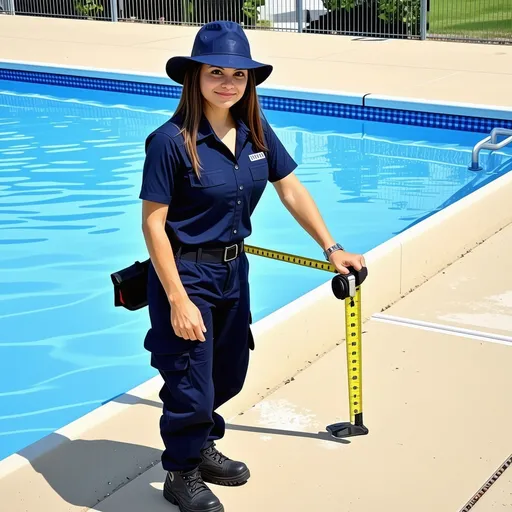 Prompt: (2D illustration) Full-body depiction of a 30-year-old female women Caucasian with blue eyes, pool safety inspector, dressed in a navy blue and grey short-sleeve collar uniform with navy blue cargo pants, a wide-brimmed hat on the head, sunglasses on hat and steel cap boots. The inspector Measuring the pool barrier (on the outside) with a tape measure, showcasing a friendly outgoing expression. The scene features vibrant colours, a neatly organised poolside background 