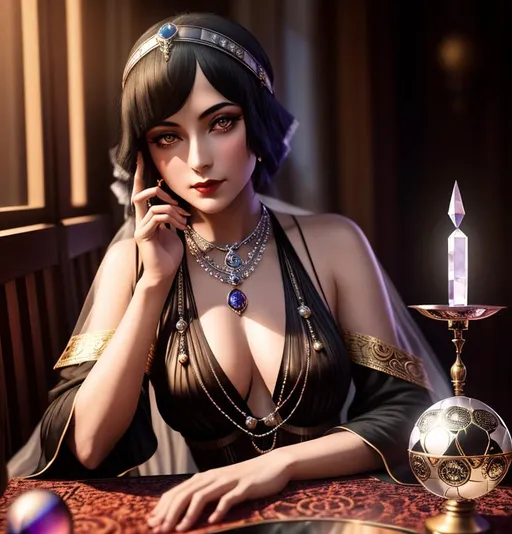 Prompt: Sephiatone image of 1920s, Fortune teller, gypsi, young and very beautiful, sitting behind table with crystal ball,
raw photo, photorealistic, High Detail, dramatic, UHD, HDR raw photo, realistic, sharp focus, 8K high definition, insanely detailed, intricate, high quality, 