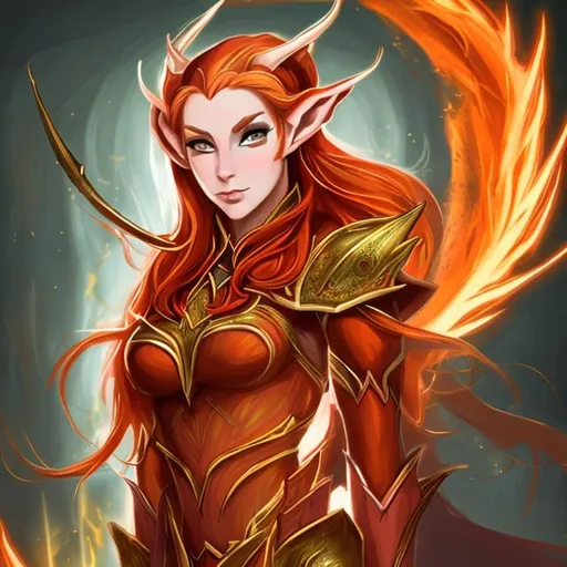 Prompt: Create an image of a female high elf with red hair, light cleric, fire energy with reds, oranges, ambers, gold
