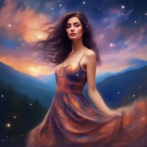 Prompt: A brunette, Persephone in a dress of stars. Mountains and sunset in the background. In an impressionist art style. 