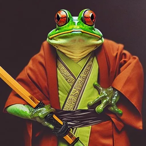 Prompt: Dungeons & Dragons, ultra-realistic portrait, Frog, wearing kimono, wielding long katana