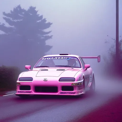 Prompt: realistic 1990s photograph pink mazda rx7 race car driving in large Japanese foggy togue in day bright light 