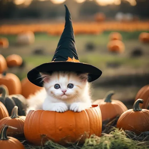 Prompt: A cute little white kitten sitting in a pumpkin patch wearing a witch hat looking at the camera 