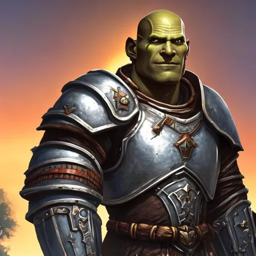 Prompt: A tall muscular half-orc male. Green skin. Shaved bald head. He is fully clad in plate armour. He has a greatsword. He has kind eyes and a handsome smile. He has short tusks. Kind. Happy. Peaceful.