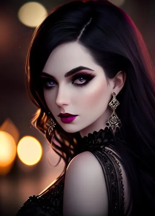 Prompt: cinematic portrait, realistic face, pale skin, goth makeup, dark hair, dark contrast, ethereal, filigree jewelry, 3D lighting, soft light, nighttime in the city background