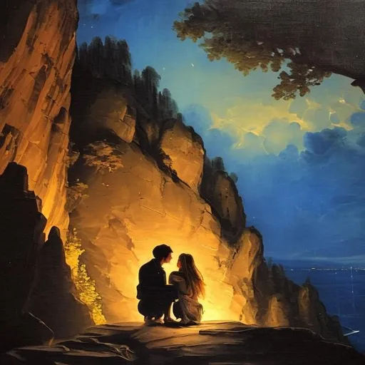 Prompt: a couple confessing feelings in a cliff at night, romantic painting