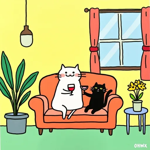 Prompt: cora is happy, sipping a glass of wine, 
on the couch with a black cat