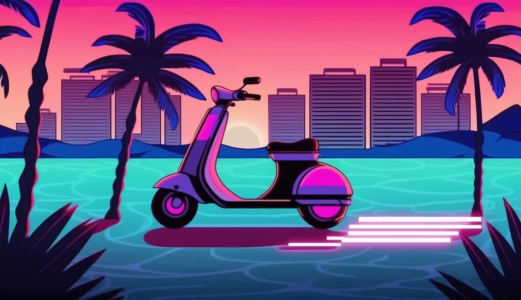 Prompt: miami vice wild chase water scooter in the style of embossed metallic 2d gameplay