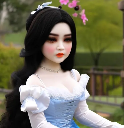 Prompt: A asian woman turned into a porcelain doll wearing a victorian dress.