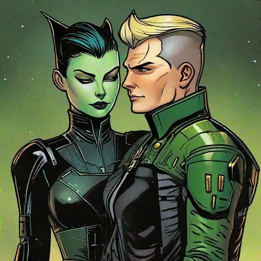 Prompt: A caucasian adult man, scifi pilot cyborg. with extremely short slicked back brown pompadour undercut hair with trimmed whiskers, futiristic fully dark entirely jet black leather jacket. well drawn face. green feline eyes, he is hugging A caucasian green skinned scifi green female woman with green skin. with short black hair. mandalorian uniform. she has green skin. well drawn green face. detailed. green character, green race, detailed. star wars art. 2d art. 2d, completely matte,
