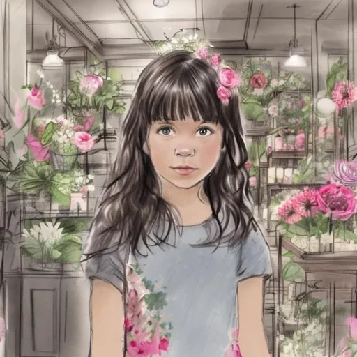 Prompt: a girl in a floral shop sketch