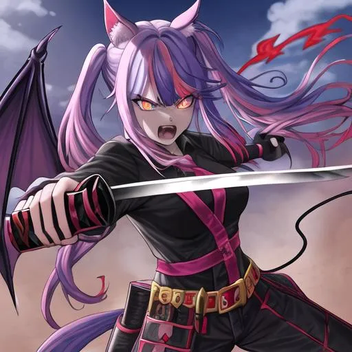 Prompt: Haley  as a demon (multi-color hair) (multi-color eyes)(she has horse ears) holding a katana, fighting, in a gunfight, bullets flying, fighting in a rural area, angry, demon tail, demon wings