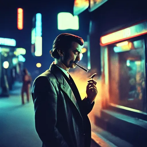 Prompt: A 1970's fashioned Man smoking in a cyberpunk City at night