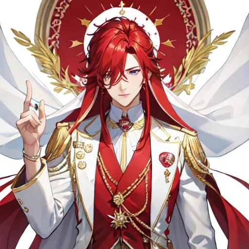 Prompt: Zerif 1male (Red side-swept hair covering his right eye) wearing a royal wedding suit, white shawl, 