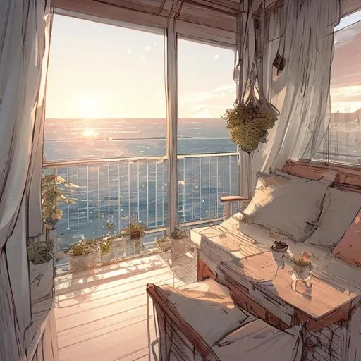 Prompt: concept art design of a cozy balcony near the sea artstation sketch by demizu posuka close up sunset