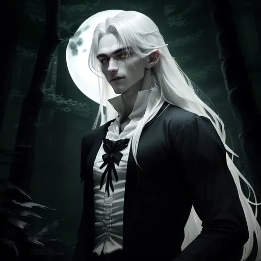 Prompt: A creature is standing in the dark forest, in the moonlight. He looks like a handsome, young man, but he has [very pale skin], [glowing yellow eyes], [extremely long, grey hair], [black lips] and [white, pointed fangs]. He is wearing a white peasant shirt.