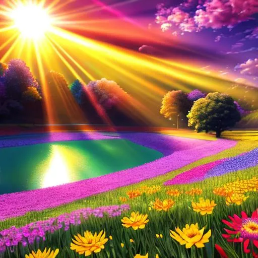 Prompt: Sun rays shining down over a field of multicolored flowers around a Lake, Vivid Colors, hyperdetailed, photorealistic, Beautiful Details, intricate Details, Colorful, Film Quality, 3D, 64K resolution, Dynamic Lighting, Sun Spot, Detailed Flower Peddles.