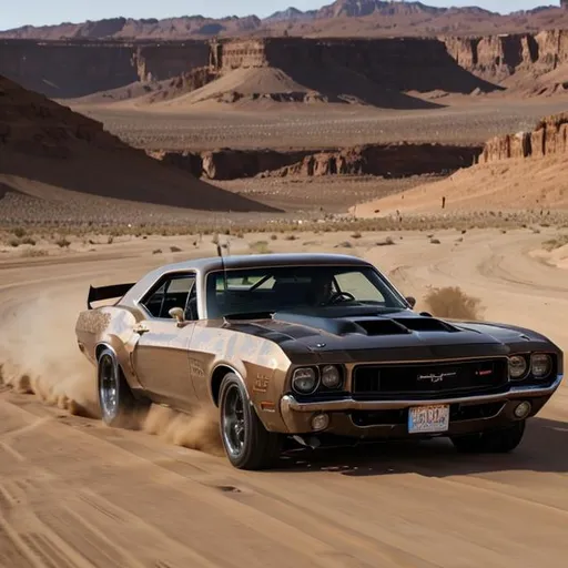 Prompt: Muscle car driving fast in desert, epic, good quality, detailed