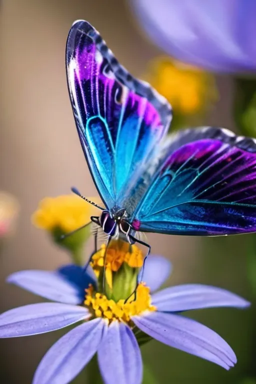 Prompt: A butterfly with purple and blue wings on the flower closeup, detailed texture and details. macro lens, product photography