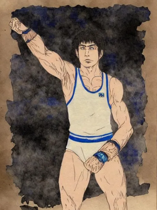 Prompt: Art of a wrestler in a white, blue singlet by Kentaro Miura