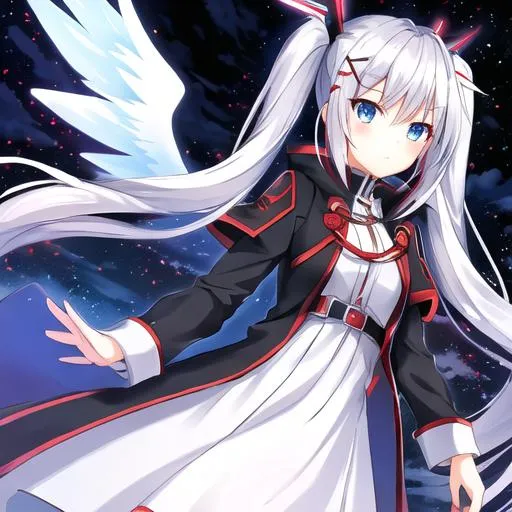 Prompt: Better quality, female character, silver hair, long twintail hair with x Hairclip, blue eyes, red and black coat, angel wings on back, night sky, clouds, flying,
