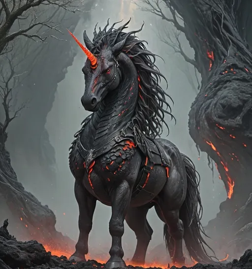 Prompt: (fantasy style), black unicorn, (dramatic dark color scheme), covered in black and red scales, wearing a harness of molten lava, long fiery mane, molten lava dripping from neck, ominous ambiance, high-definition details, ethereal glow surrounding creature, vivid texture contrast, mystical atmosphere, enchanted forest background, ultra-detailed.