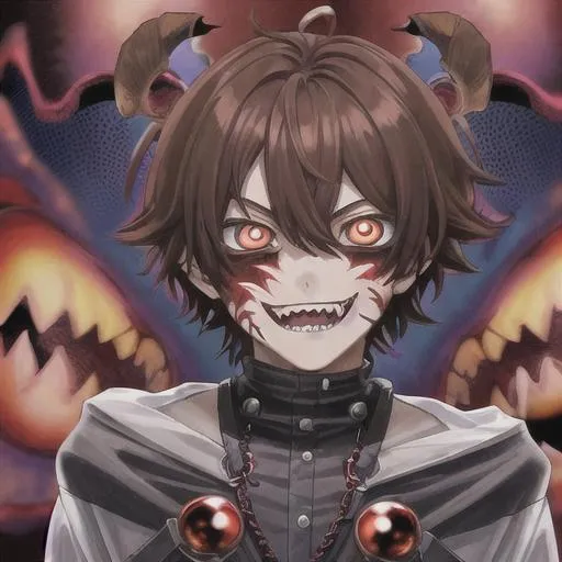 Prompt: insane, cute anime boy, brown hair, smiling, trippy background, demon behind, zoomed out, fangs, aesthetic mask, scars, no horns, hands on face, fight or die