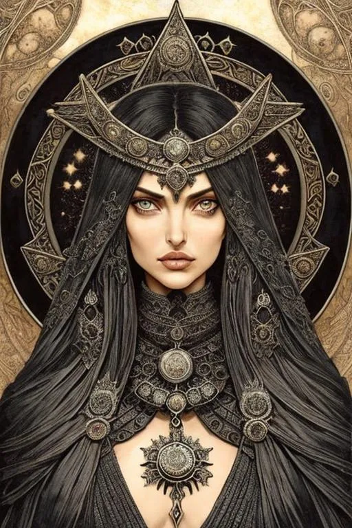 Prompt: symmetrical + hecate + ((Irina Shayk angelina jolie)) + middle close up + evil + lace + gothic + occult + dangerous + goddess of death + skulls + dark magical symbolism + high detail + hyperdetailed + elegant + intricate+ frightening + obsidian starry night color scheme + memento mori by arthur rackham, art forms of nature by ernst haeckel, exquisitely detailed, art nouveau, gothic, ornately carved beautiful full body of woman dominant, intricately carved antique bone, art nouveau botanicals, ornamental bone carvings, art forms of nature by ernst haeckel, horizontal symmetry, arthur rackham, ernst haeckel, symbolist, visionary