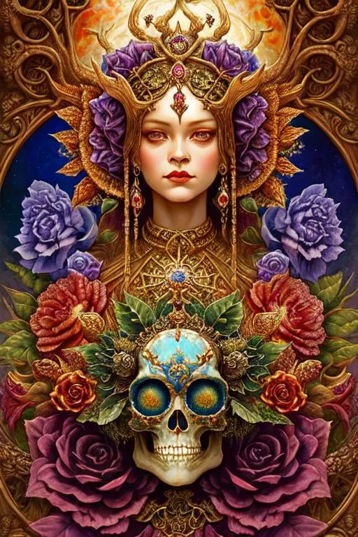 Prompt: art by hannah yata lori Nelson Michael Campbell ruth speer + Symmetrical + ((rihanna)) + middle close up + evil + lace + gothic + occult + dangerous + goddess of death + skulls + dark magical symbolism + high detail + hyperdetailed + elegant + intricate+ frightening 