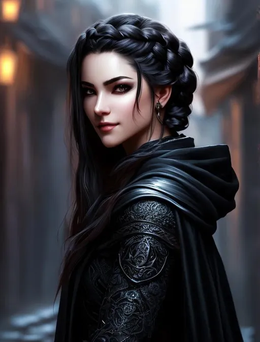 Prompt: Character concept art of a sadistic smirking female thief in her 20s with braided black hair and dark eyes wearing a hooded cloak and black leather standing in a dark medieval alley in the background. Fantasy, intricate, elegant, highly detailed, digital painting, trending on artstation, detailed face, realistic face, smooth, sharp focus, illustration art by Stanley Lau