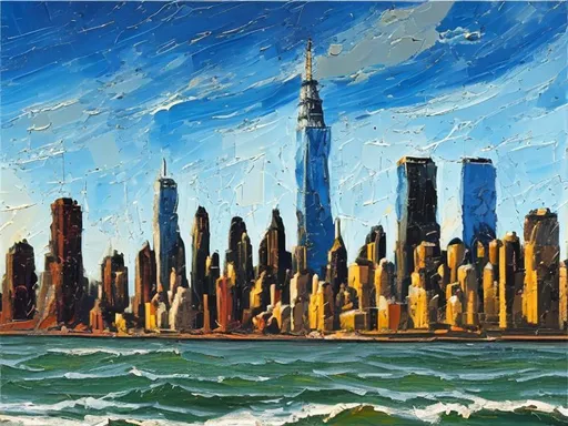 Prompt: Thick oil impasto York Skyline from 42nd Street Pier, thick oil impasto