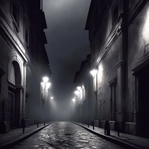 Prompt: it's Rome but in a Lovecraft story. Seen by the street.
With darkness in form of black fog that envelope the city and shadow all around.
Shadow of fog are around like ghosts but evil.
Evil is in town.
Look like a Lee Bermejo style with a lot of contrast and blue lights