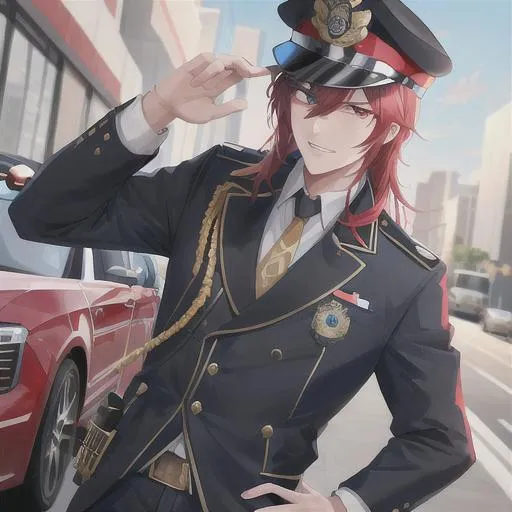 Prompt: Zerif 1male as a male police officer (Red side-swept hair covering his right eye)UHD, 8K, Highly detailed, insane detail, best quality, high quality, wearing a blue male police uniform, anime style, tilting his hat, standing in front of a cop car