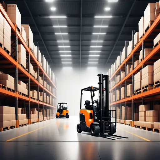 Prompt: Create an image of a distribution center operated by well-lit electric forklifts that stand out from the background. 
Suggest safety elements for people who work inside the warehouse