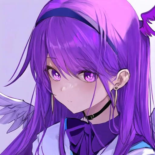 Prompt: Portrait of a cute winged girl with long, purple hair and purple eyes wearing a headband, earrings, and a sailor uniform 